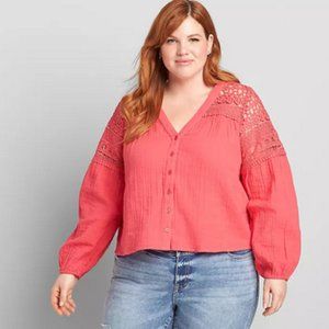 Lane Bryant No Peek Crochet Button-Down Crop Top